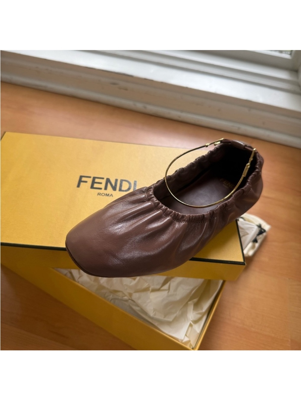 Fendi Brown Leather Ballet Flat with Gold Anklet